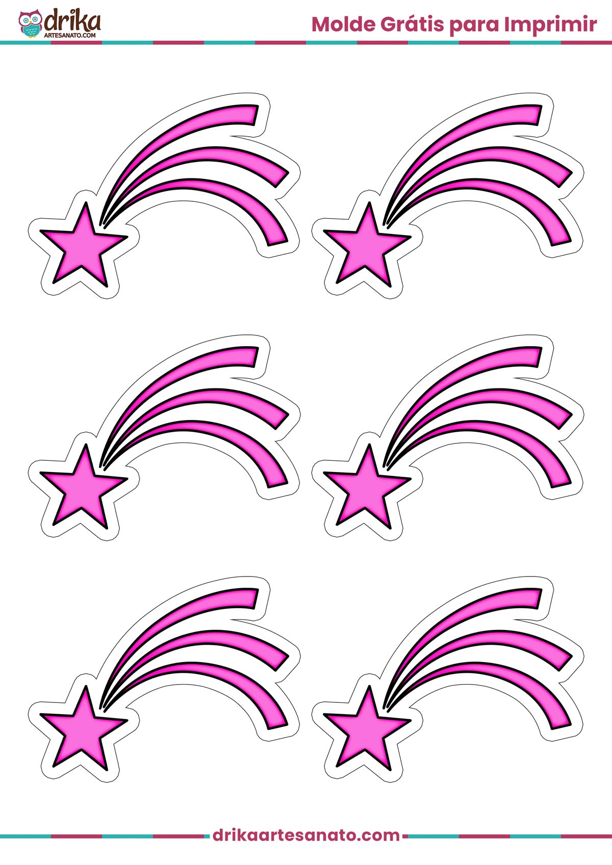 Molde para imprimir com seis estrelas cadentes rosas pequenas em folha A4