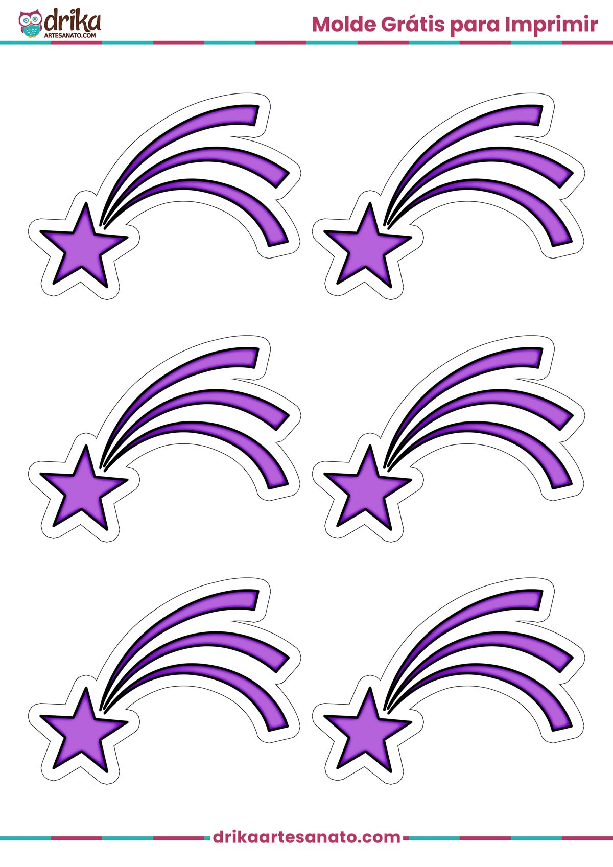 Molde para imprimir com seis estrelas cadentes roxas pequenas em folha A4