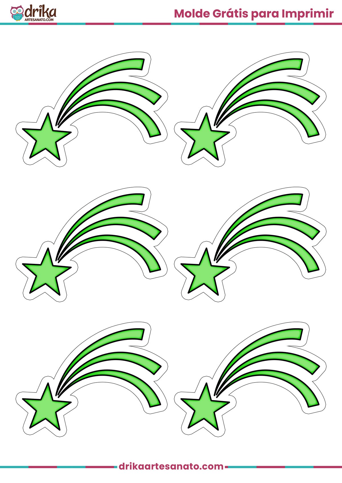 Folha A4 com seis moldes de estrela cadente pequena verde com borda branca para imprimir