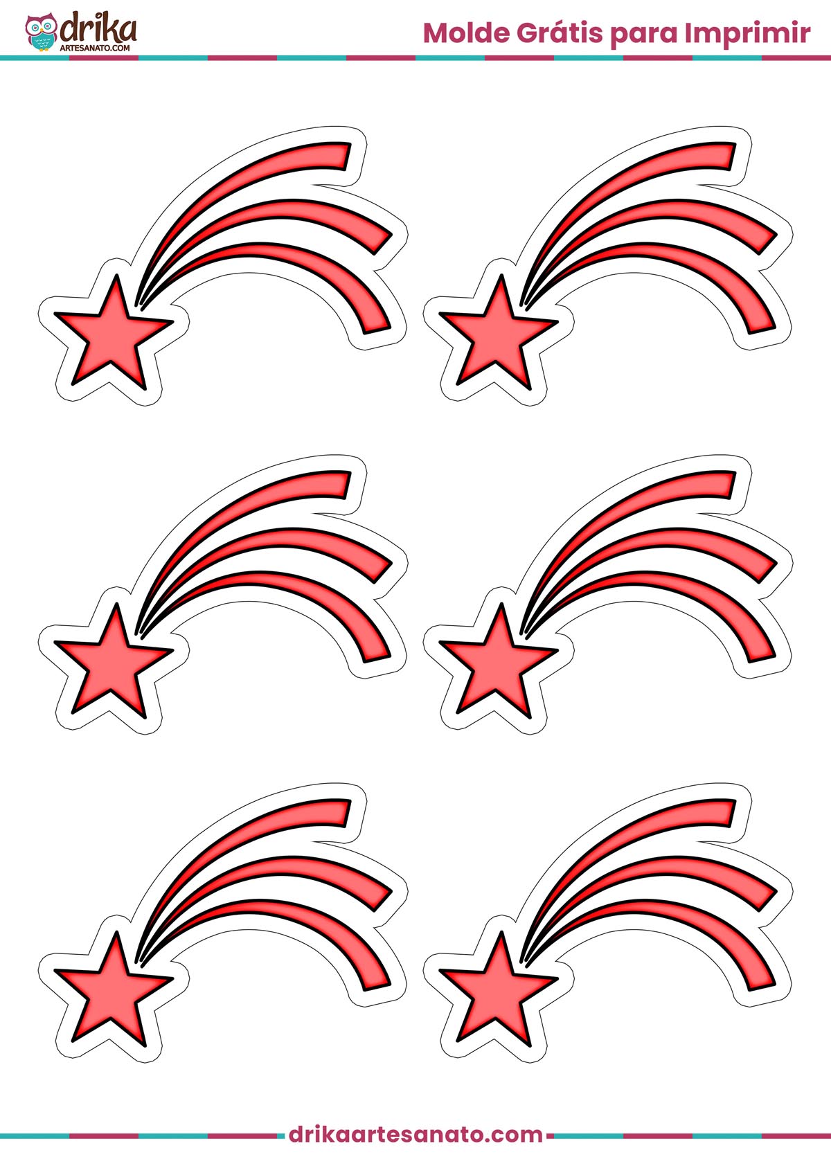 Folha A4 com seis moldes de estrela cadente pequena vermelha com borda branca para imprimir