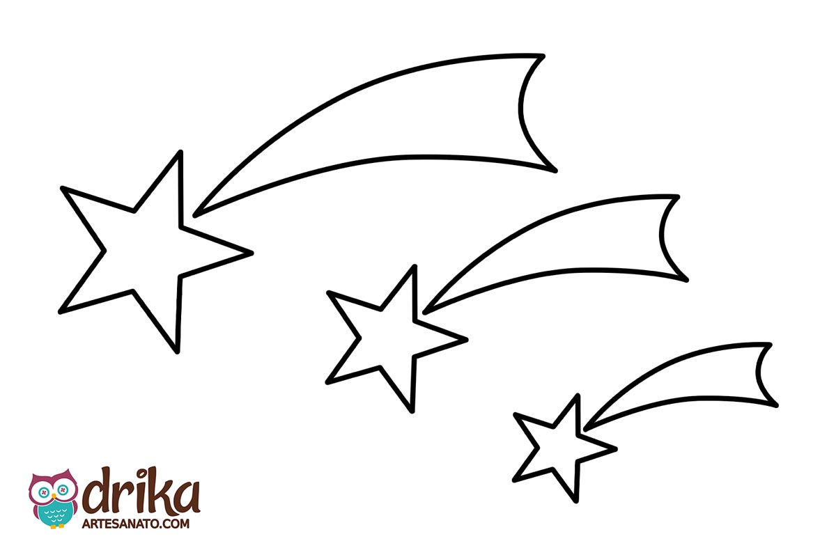 Três moldes de estrela cadente em preto e branco para imprimir em folha A4, com cauda com três linhas curvas.