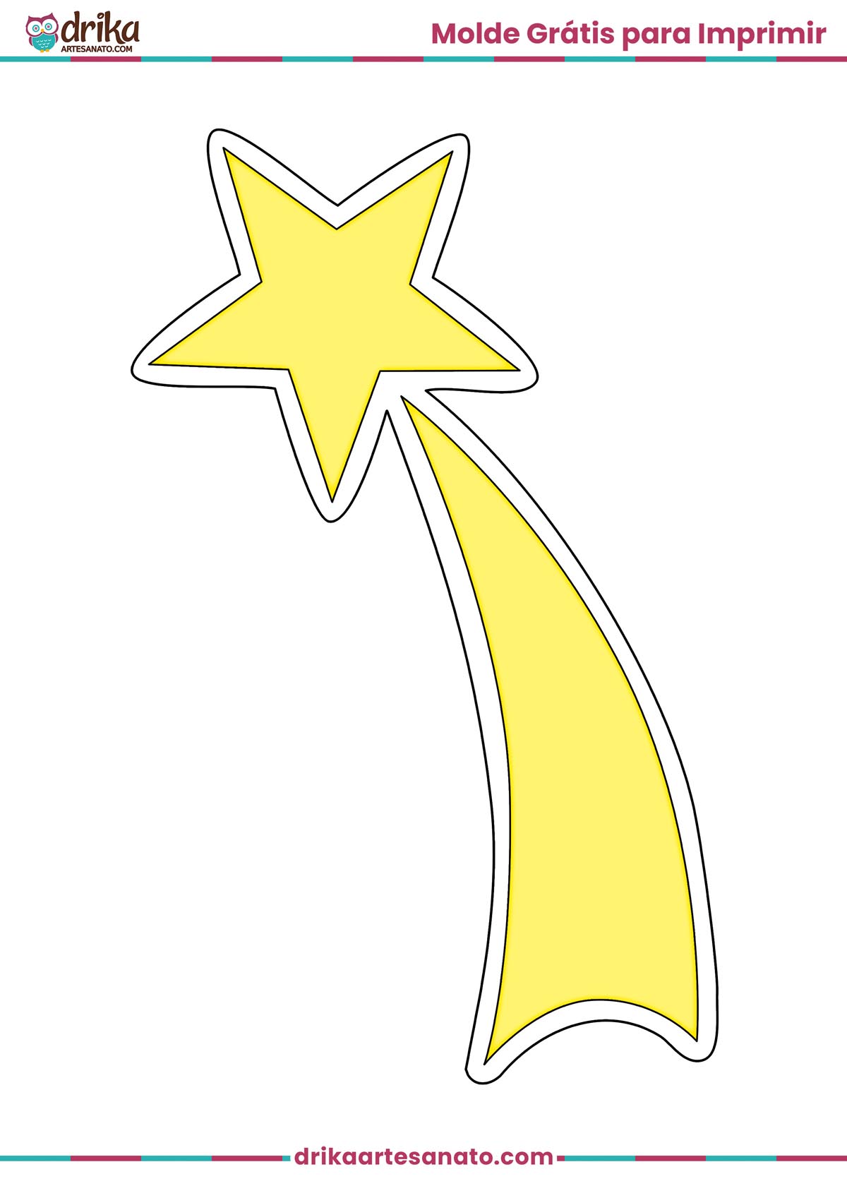 Molde de estrela cadente amarela grande com contorno preto para imprimir em folha A4