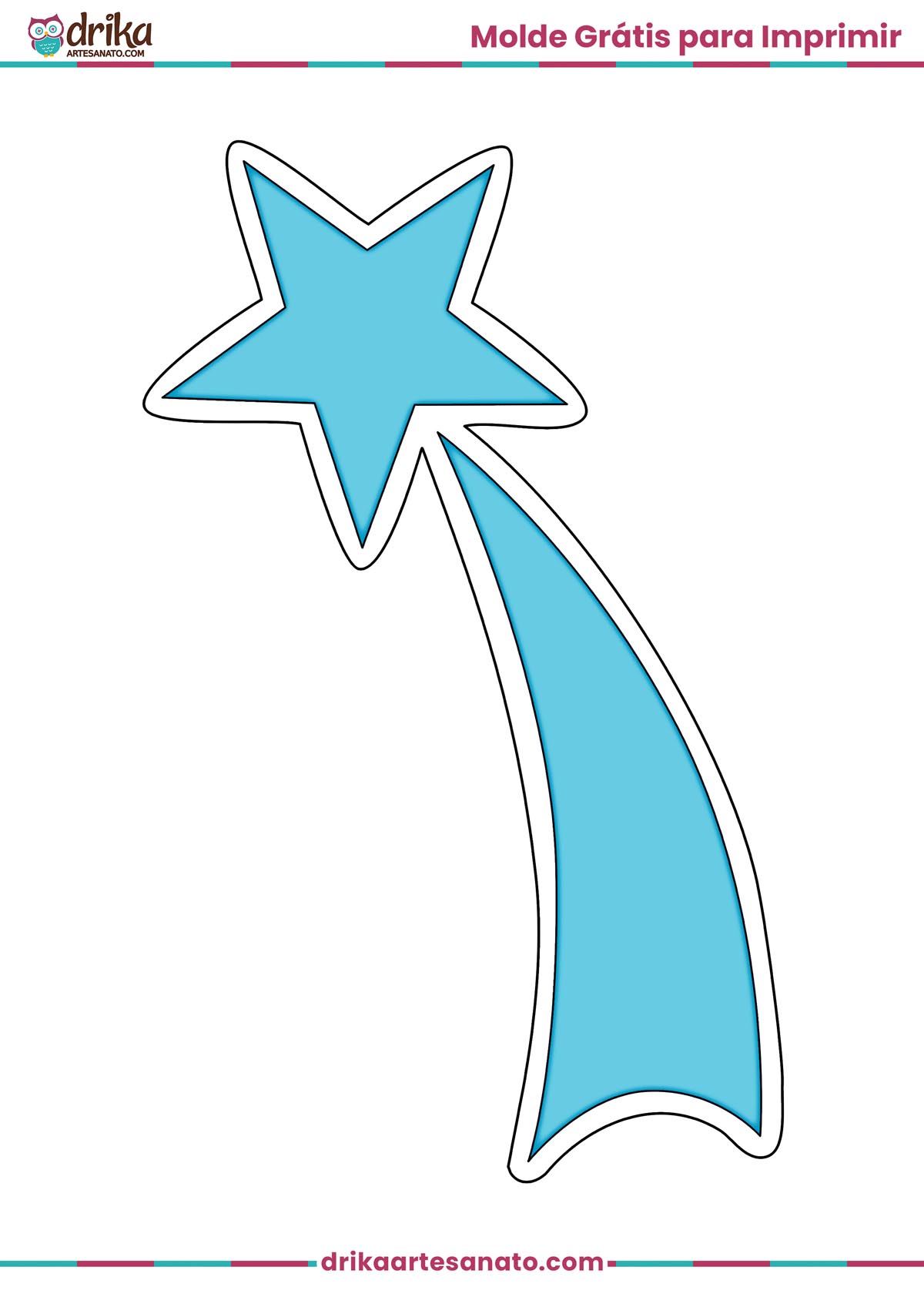 Molde de estrela cadente azul grande com contorno preto para imprimir em folha A4