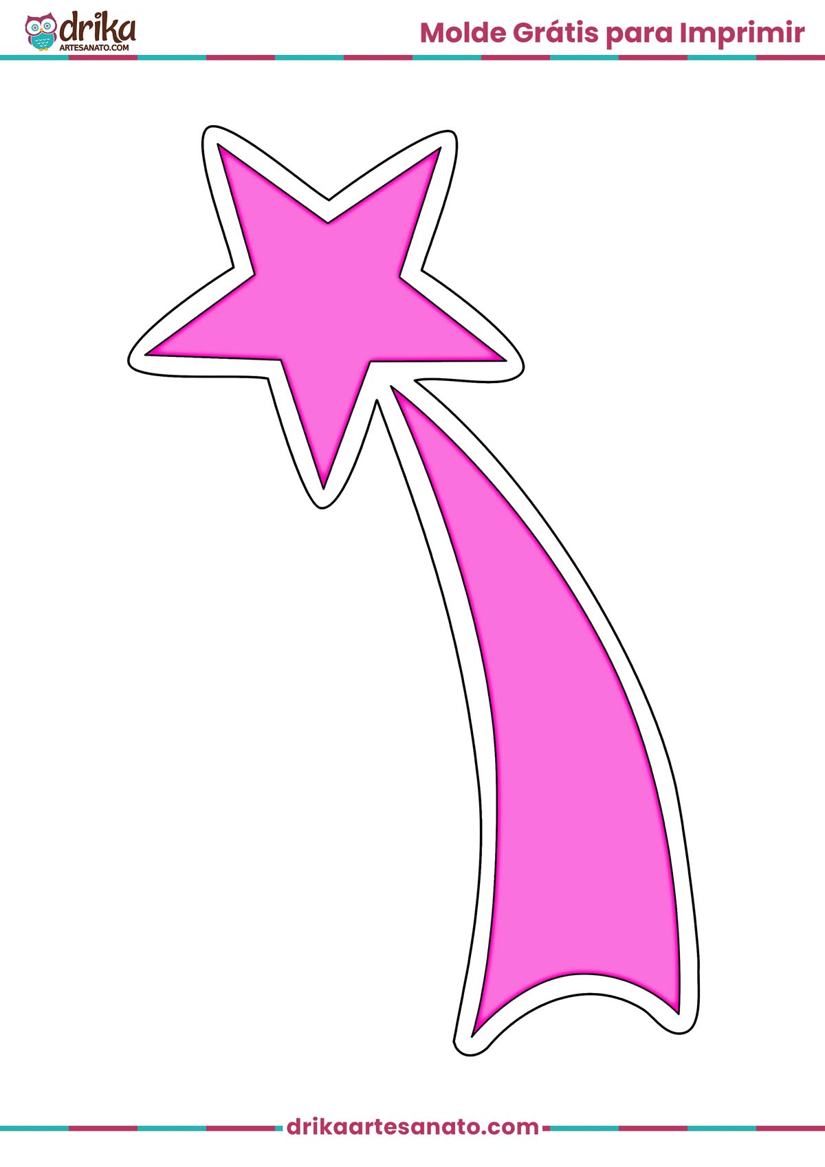 Molde de estrela cadente rosa grande com contorno preto para imprimir em folha A4