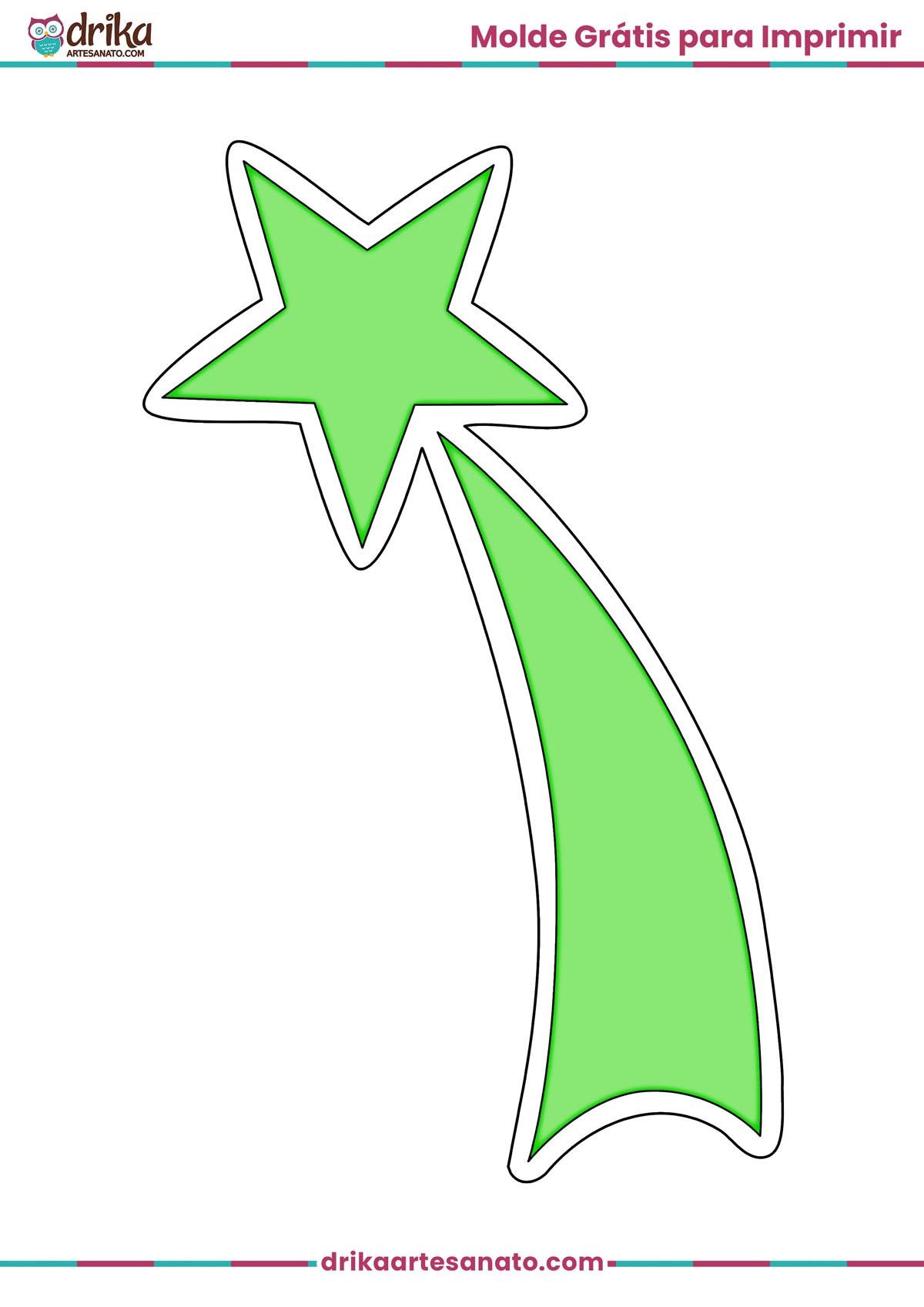Molde de estrela cadente grande verde com contorno preto para imprimir em folha A4