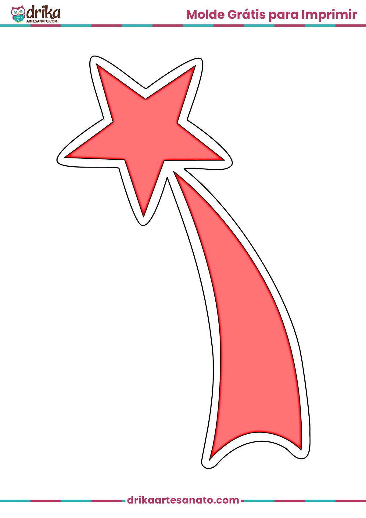 Molde de estrela cadente grande vermelha com contorno preto para imprimir em folha A4