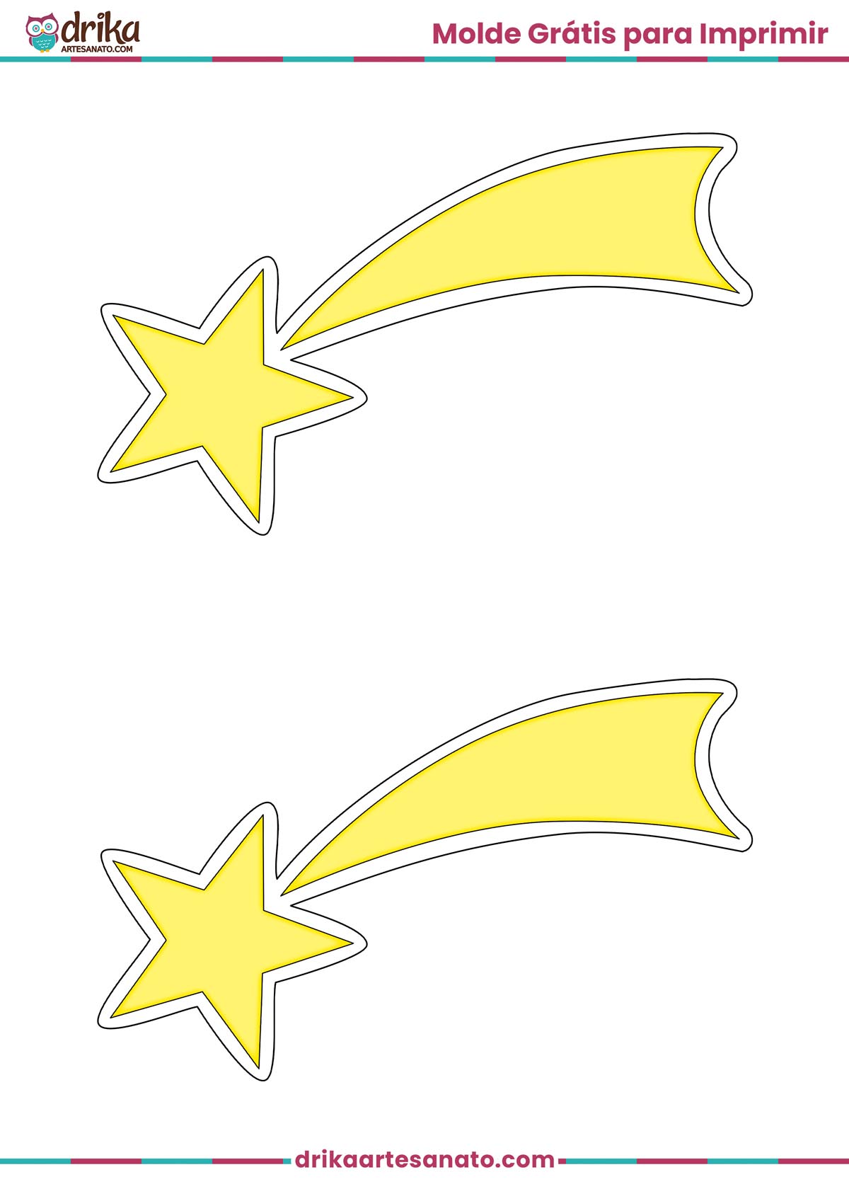 Folha A4 com dois moldes de estrela cadente média amarela com contorno preto para imprimir