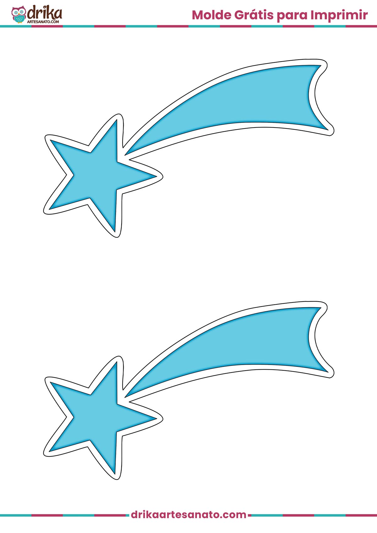 Folha A4 com dois moldes de estrela cadente média azul com contorno preto para imprimir