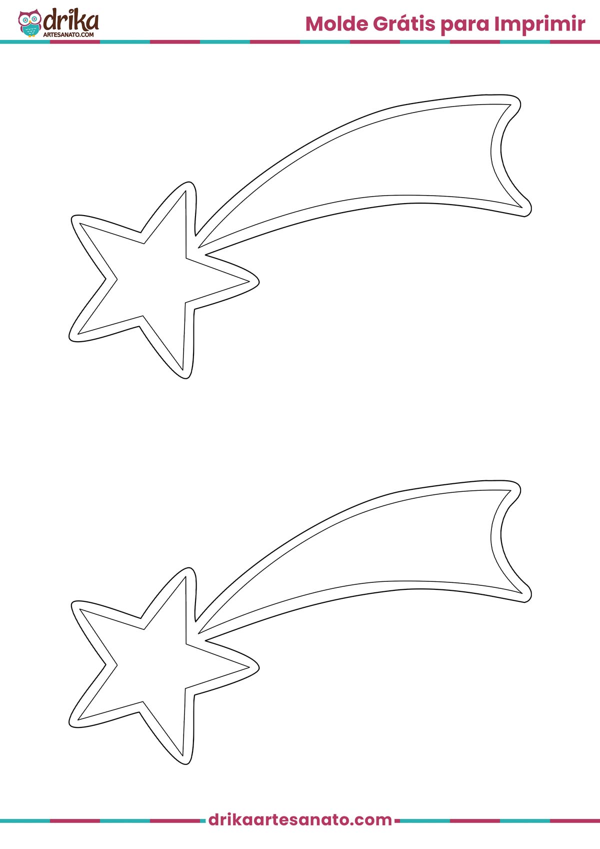 Folha A4 com dois moldes de estrela cadente média em preto e branco para imprimir e colorir