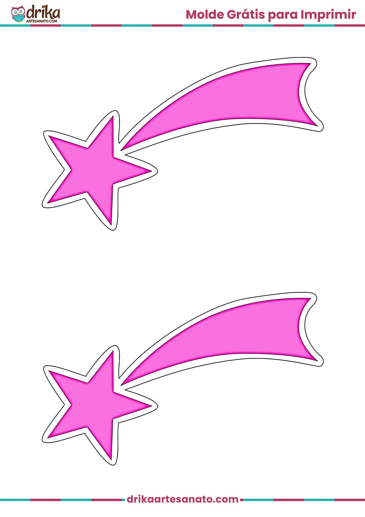 Folha A4 com dois moldes de estrela cadente rosa com contorno branco para imprimir