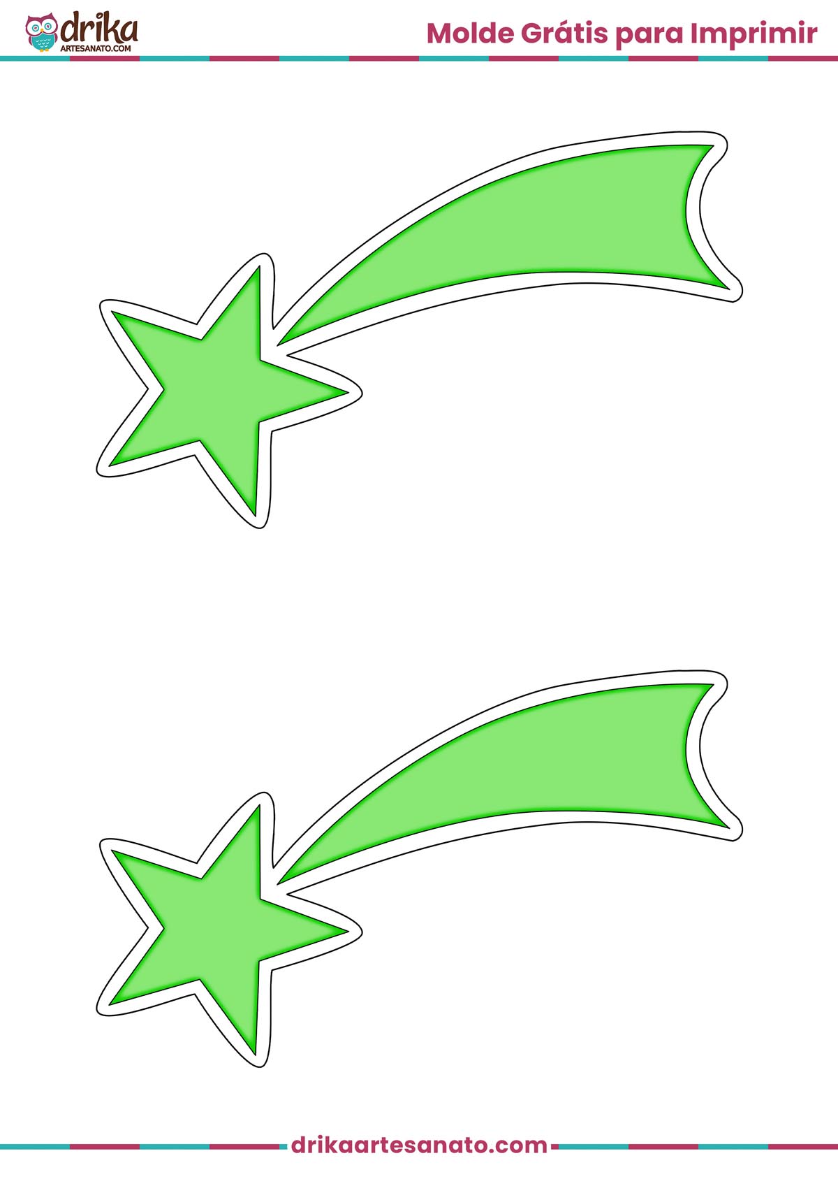 Folha A4 com dois moldes de estrela cadente verde com contorno branco para imprimir