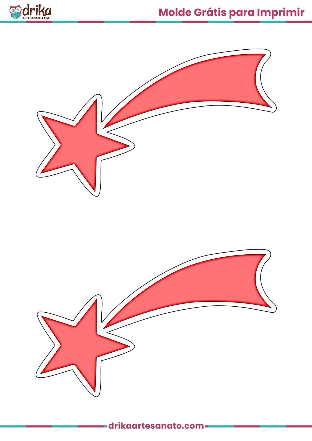 Folha A4 com dois moldes de estrela cadente vermelha com contorno branco para imprimir