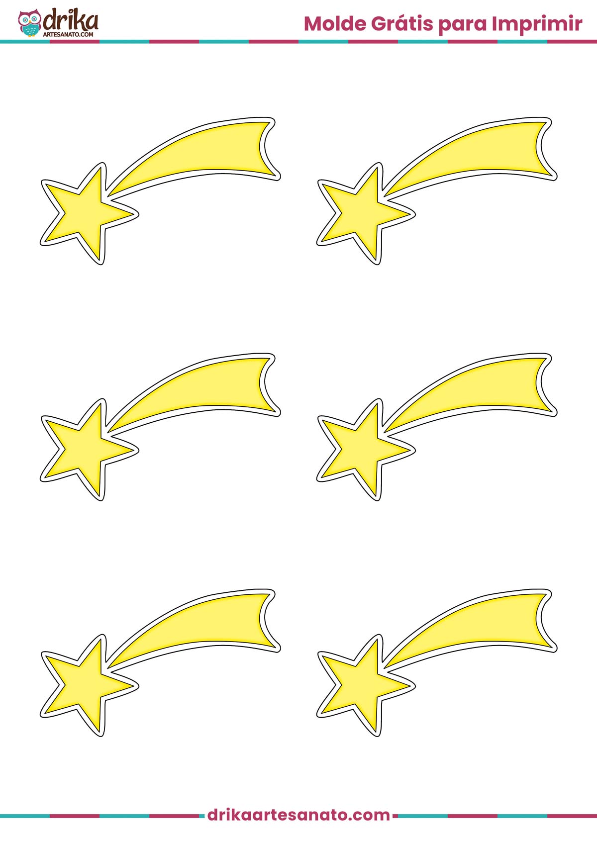 Folha A4 com seis moldes pequenos de estrela cadente amarela com contorno branco