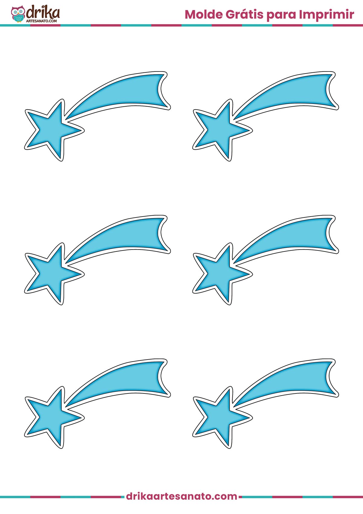 Folha A4 com seis moldes de estrela cadente azul com contorno marrom para imprimir