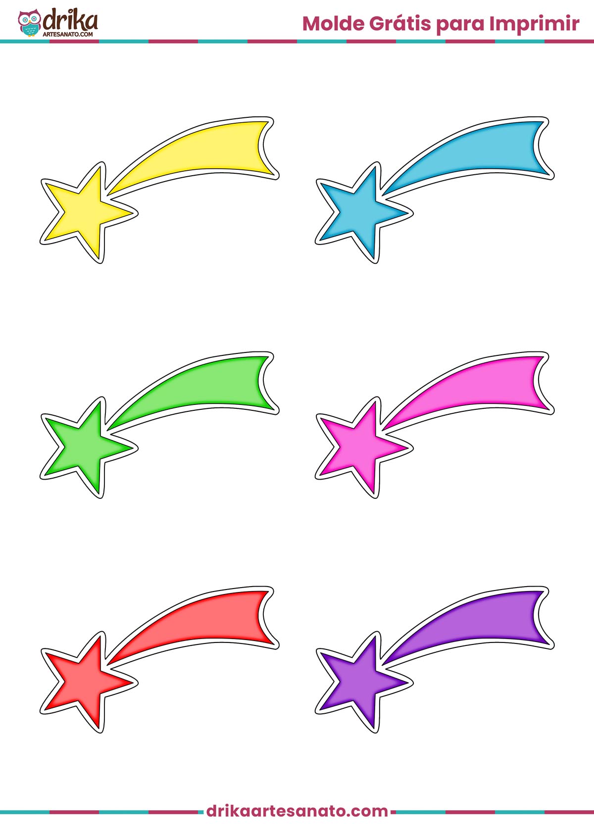 Folha A4 com seis moldes de estrela cadente coloridas para imprimir em artesanato