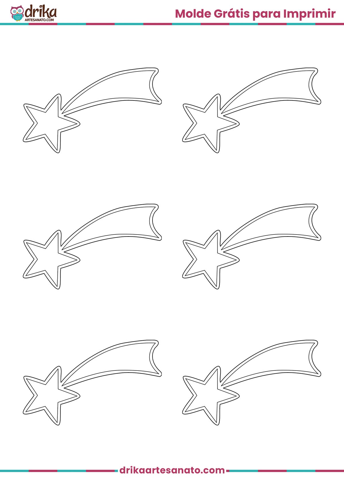 Folha A4 com seis moldes de estrela cadente em preto e branco para imprimir
