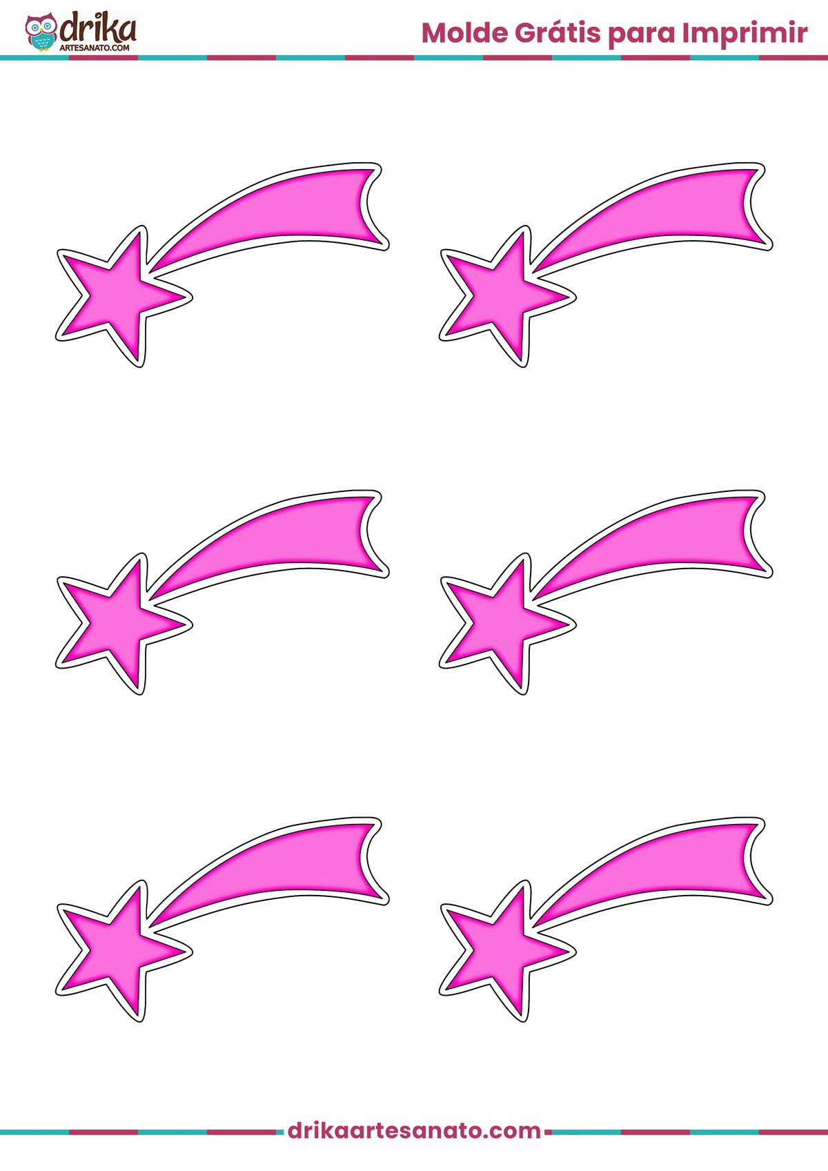 Folha A4 com seis moldes de estrela cadente rosa com contorno marrom para imprimir