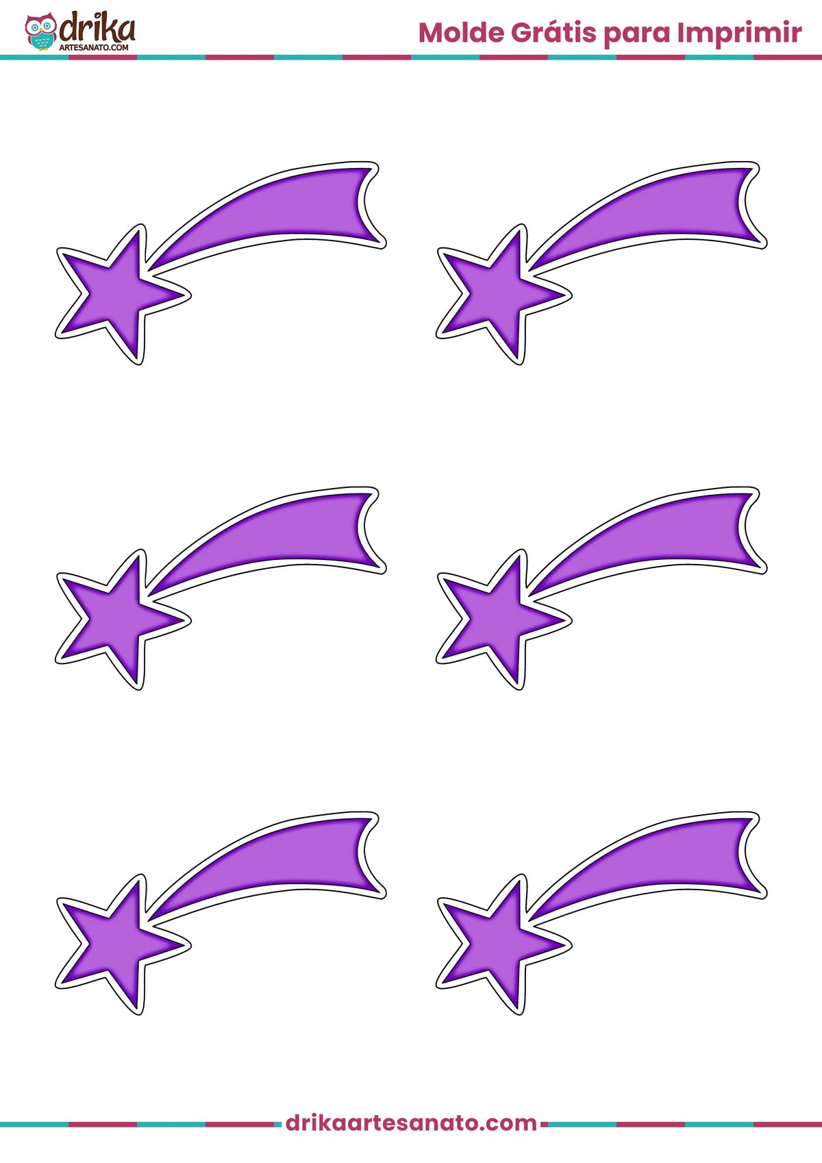 Folha A4 com seis moldes de estrela cadente roxa com contorno marrom para imprimir
