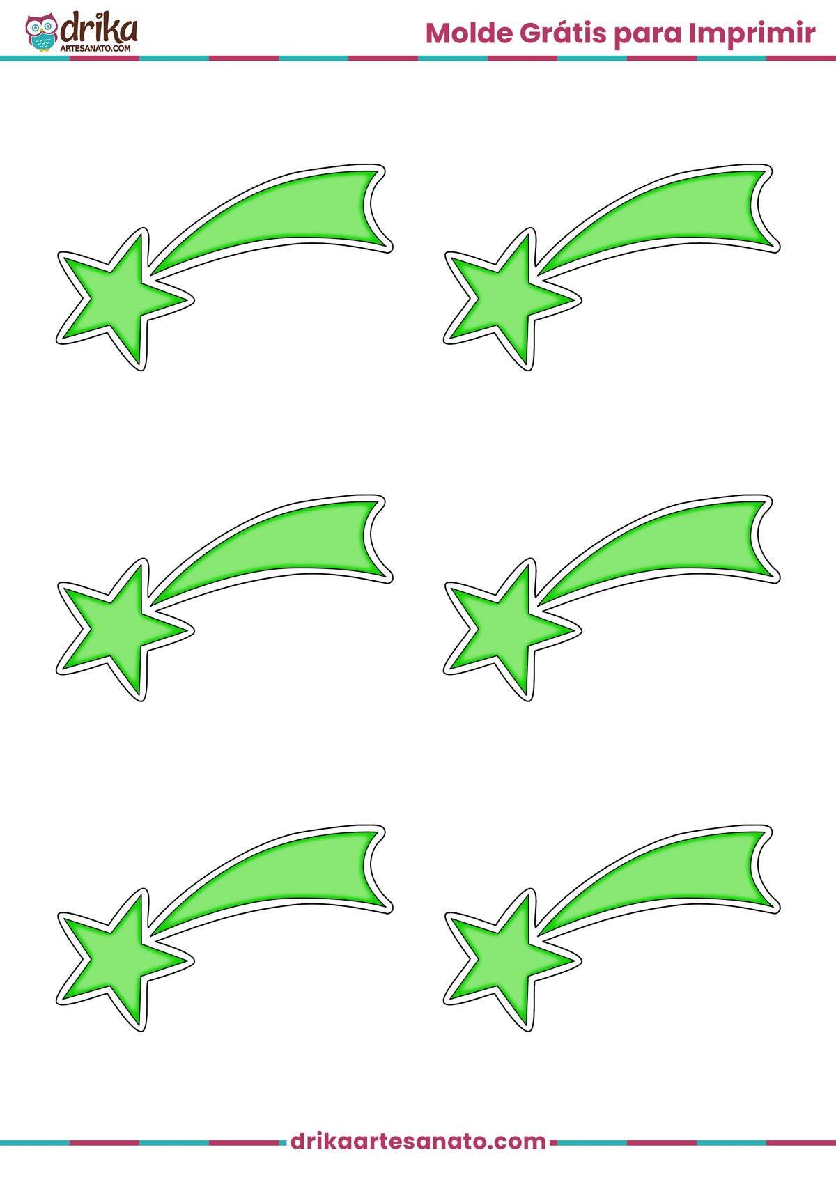 Folha A4 com seis moldes de estrela cadente verde com borda branca para imprimir