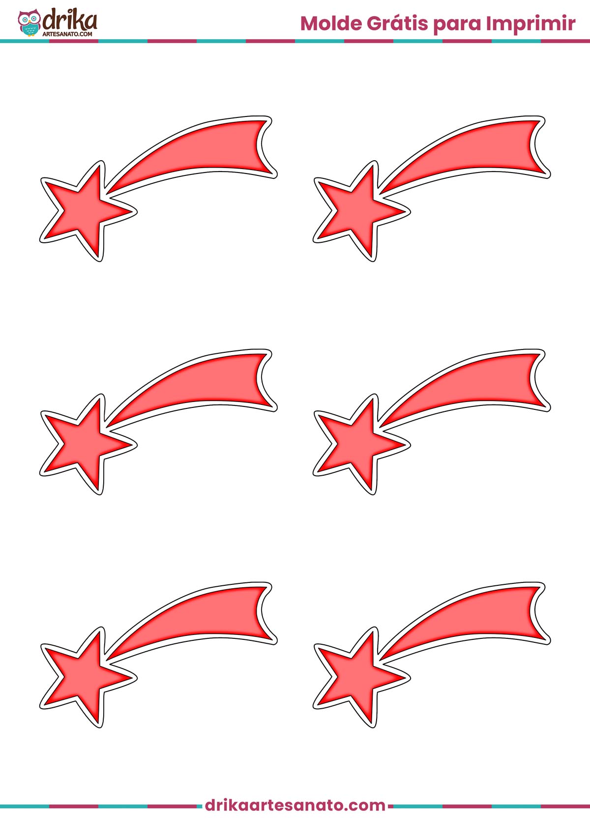 Folha A4 com seis moldes de estrela cadente vermelha com borda branca para imprimir