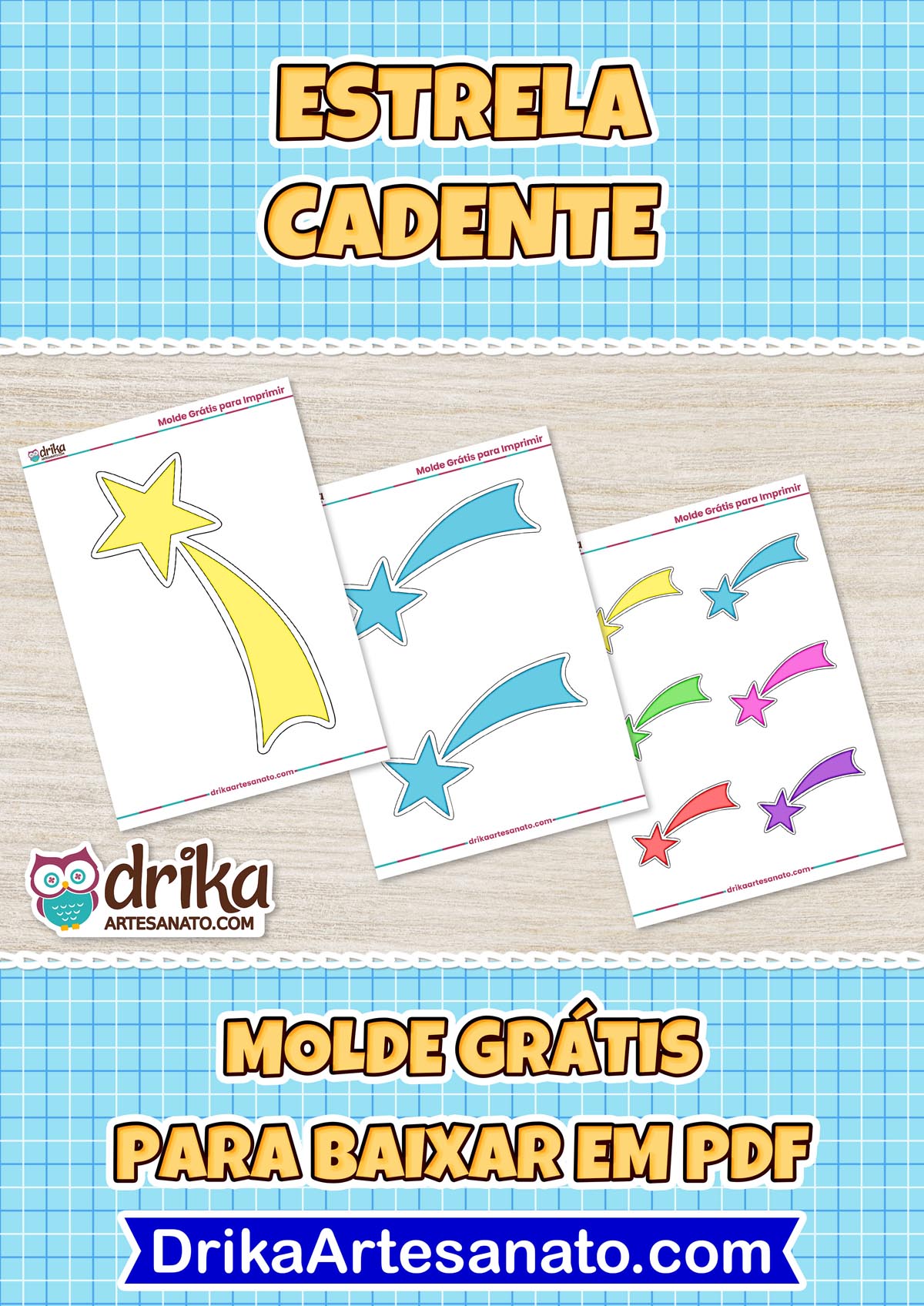 Imagem com moldes de estrela cadente coloridas e texto "Molde grátis para baixar em PDF"
