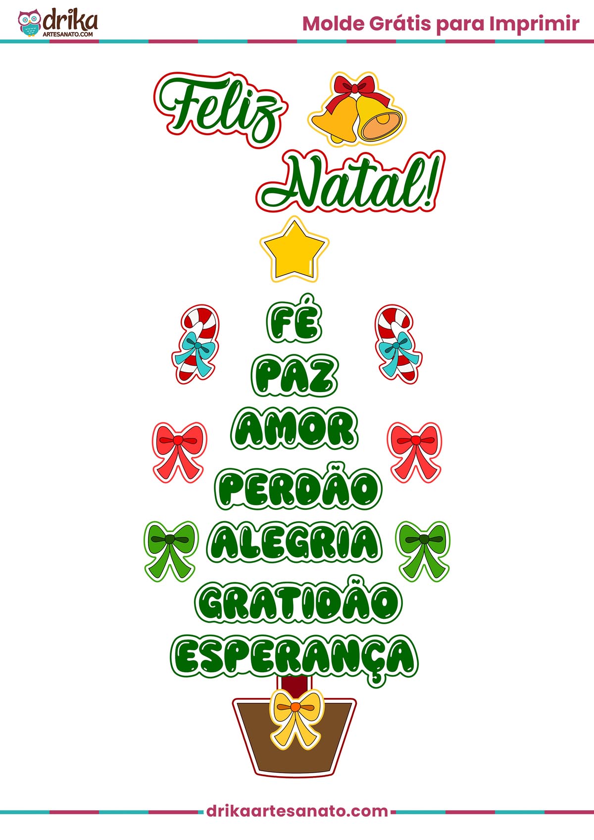 Esquema gráfico do painel de porta natalino com sinos, estrela, doces e palavras como fé, paz, amor e esperança.