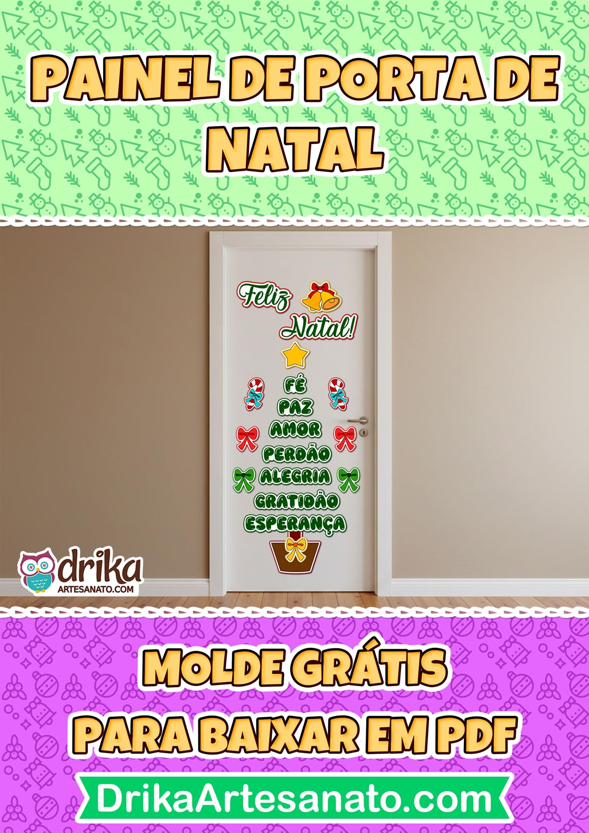 Painel de porta de Natal com moldes grátis para baixar em PDF e decorar sua casa.