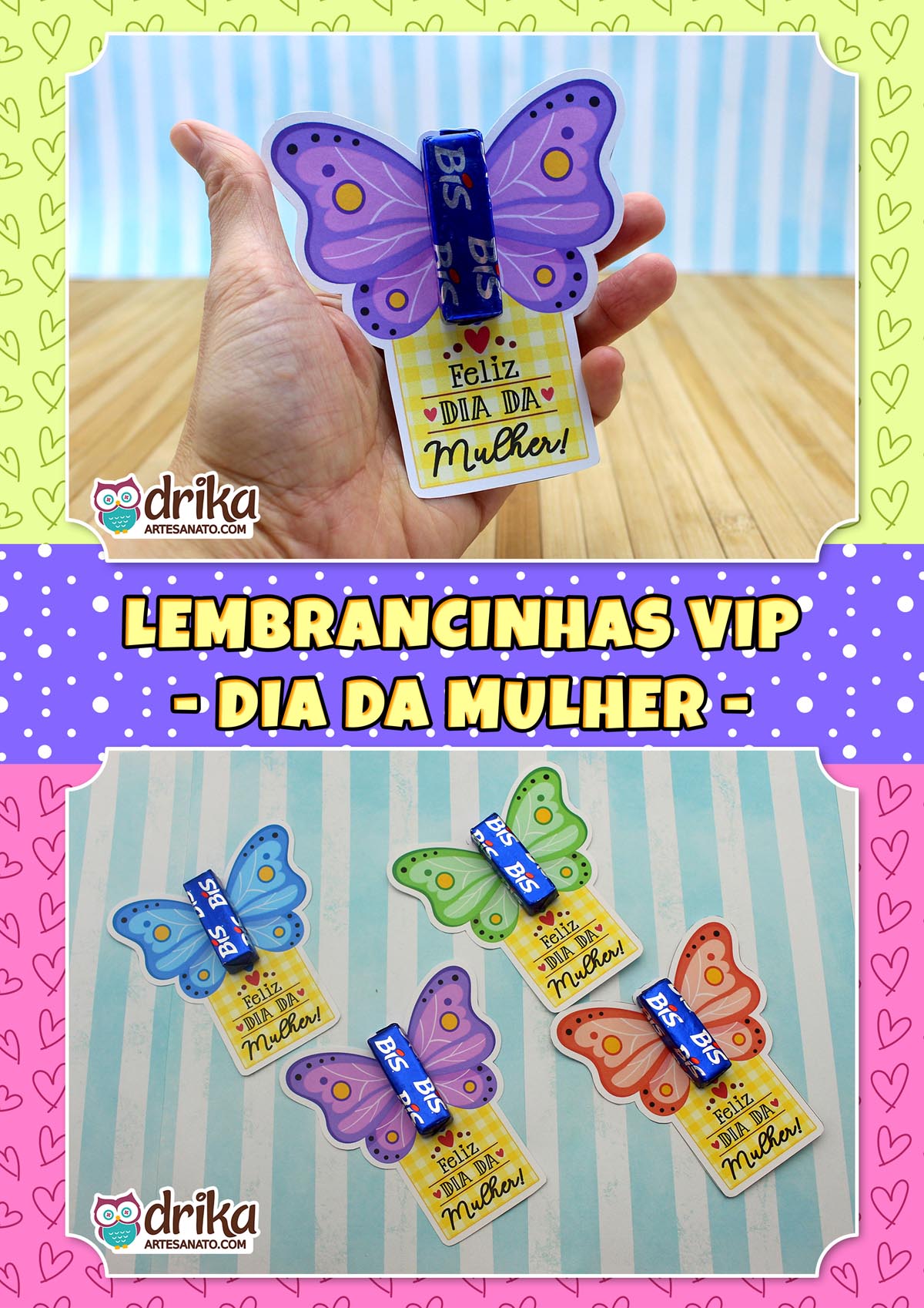 Mão segurando cartão porta-bis de borboleta roxa com chocolate Bis, em fundo listrado com molduras "LEMBRANCINHAS VIP"
