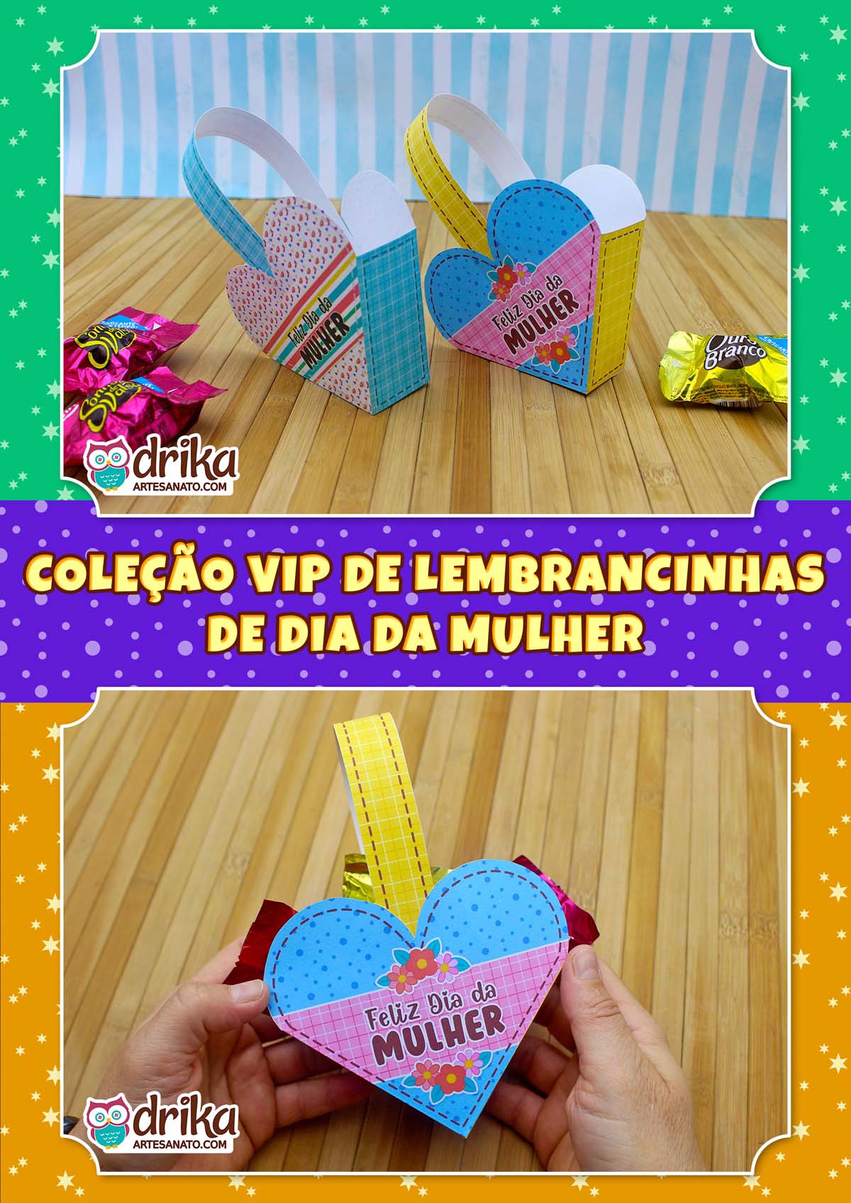 Mãos segurando uma cestinha de coração azul de bolinhas cheia de balas coloridas, com outras cestinhas e chocolates ao fundo