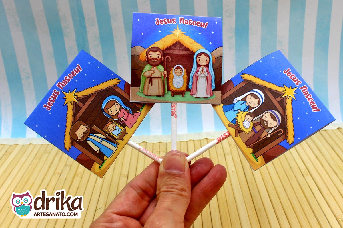 Modelos de capinhas de pirulito com a Sagrada Família e a frase "Jesus Nasceu!"
