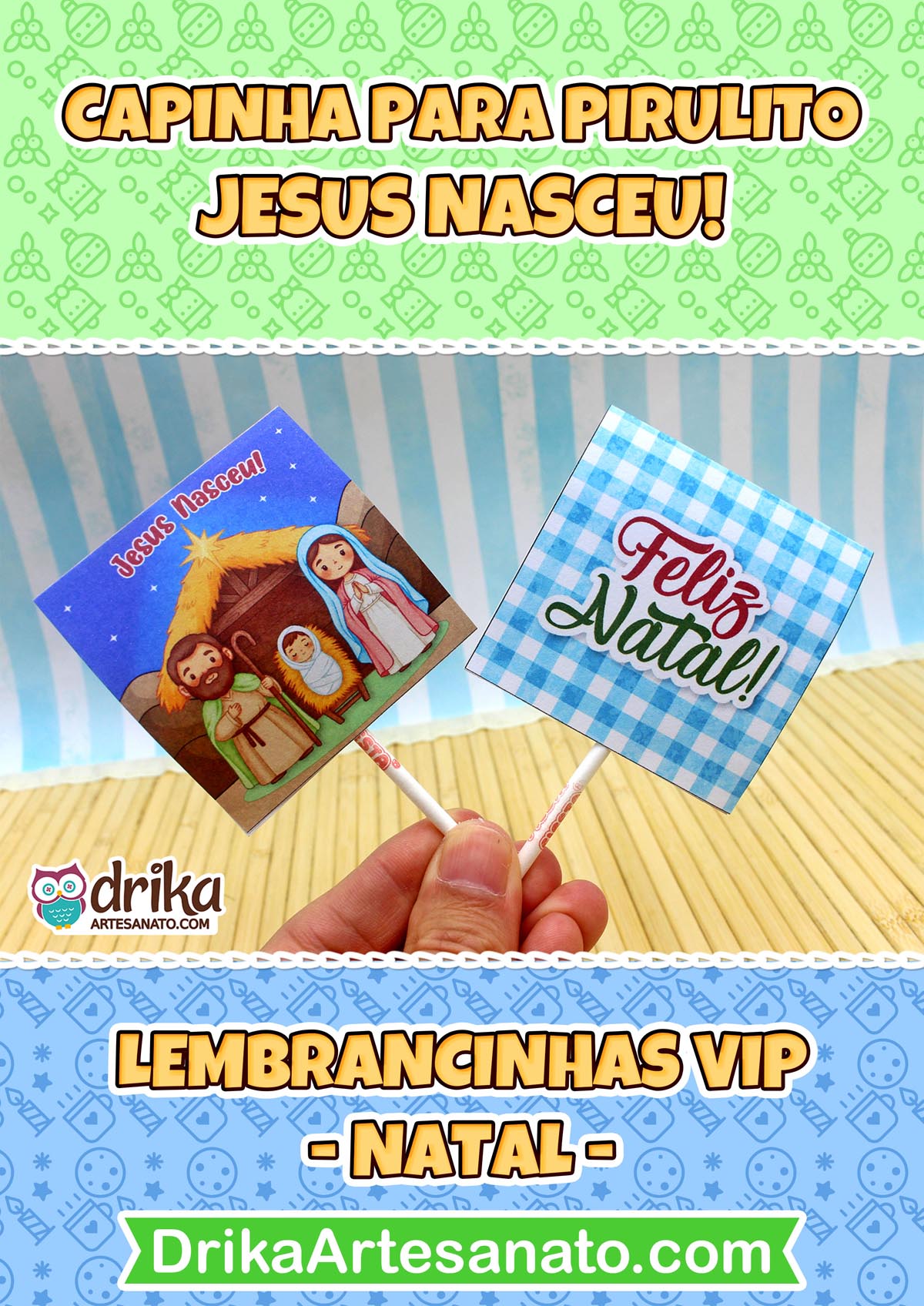 Mão segurando capinhas de pirulito da Sagrada Família e "Feliz Natal" em fundo festivo de Natal.