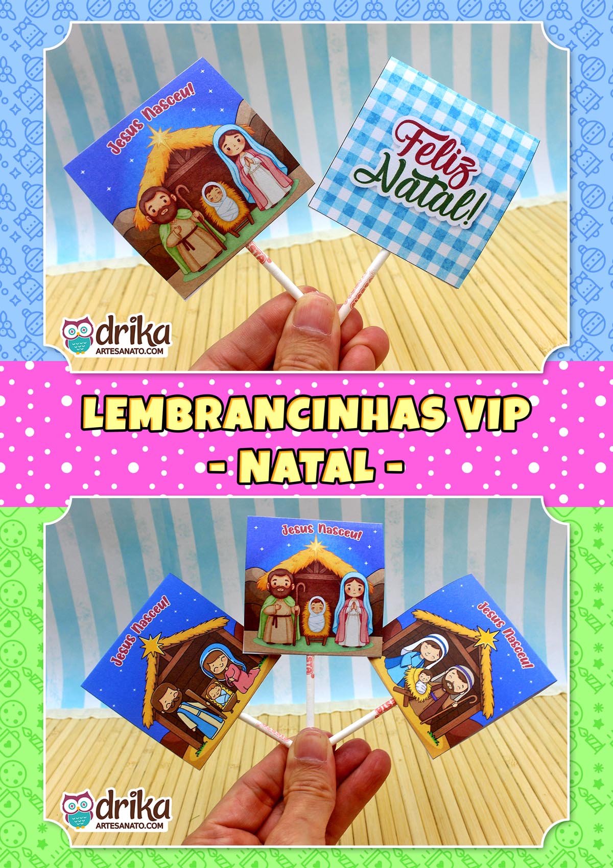 Mão segurando três capinhas de pirulito da Sagrada Família em fundo festivo de Natal com bolinhas rosas.