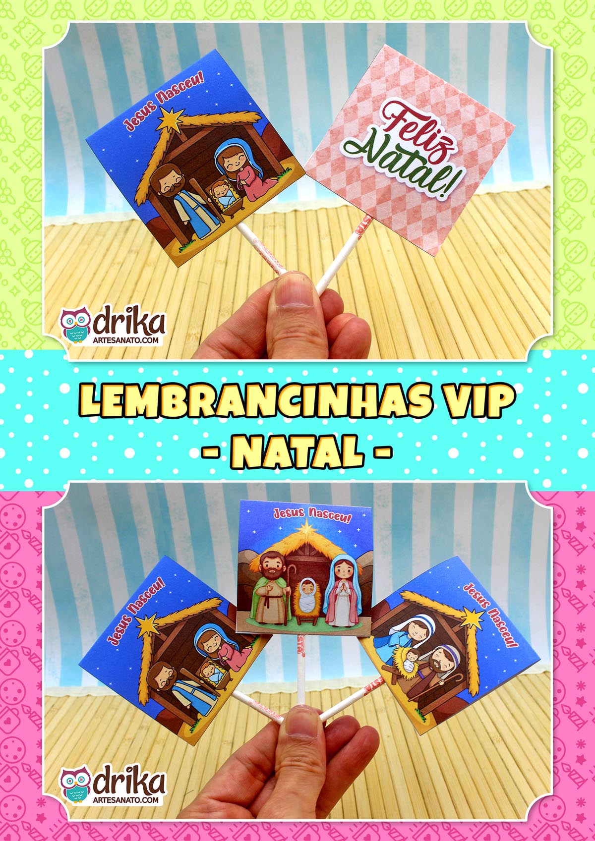 Close-up de mão segurando três pirulitos com capinhas do presépio, banner "Lembrancinhas VIP - Natal"