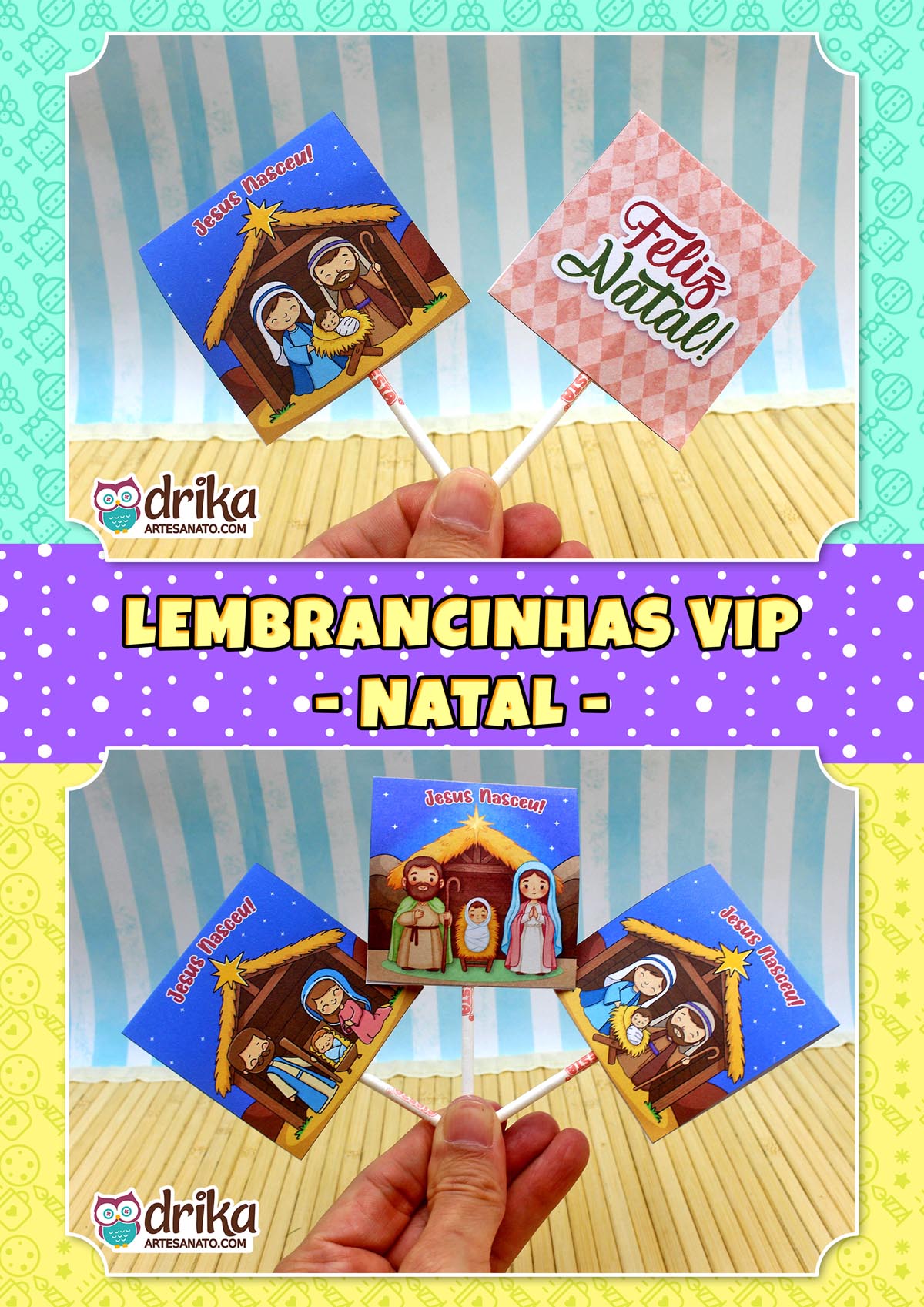 Mão segurando três pirulitos com capa "Jesus Nasceu" em fundo de bolinhas roxas e faixa "Lembrancinhas VIP - Natal".