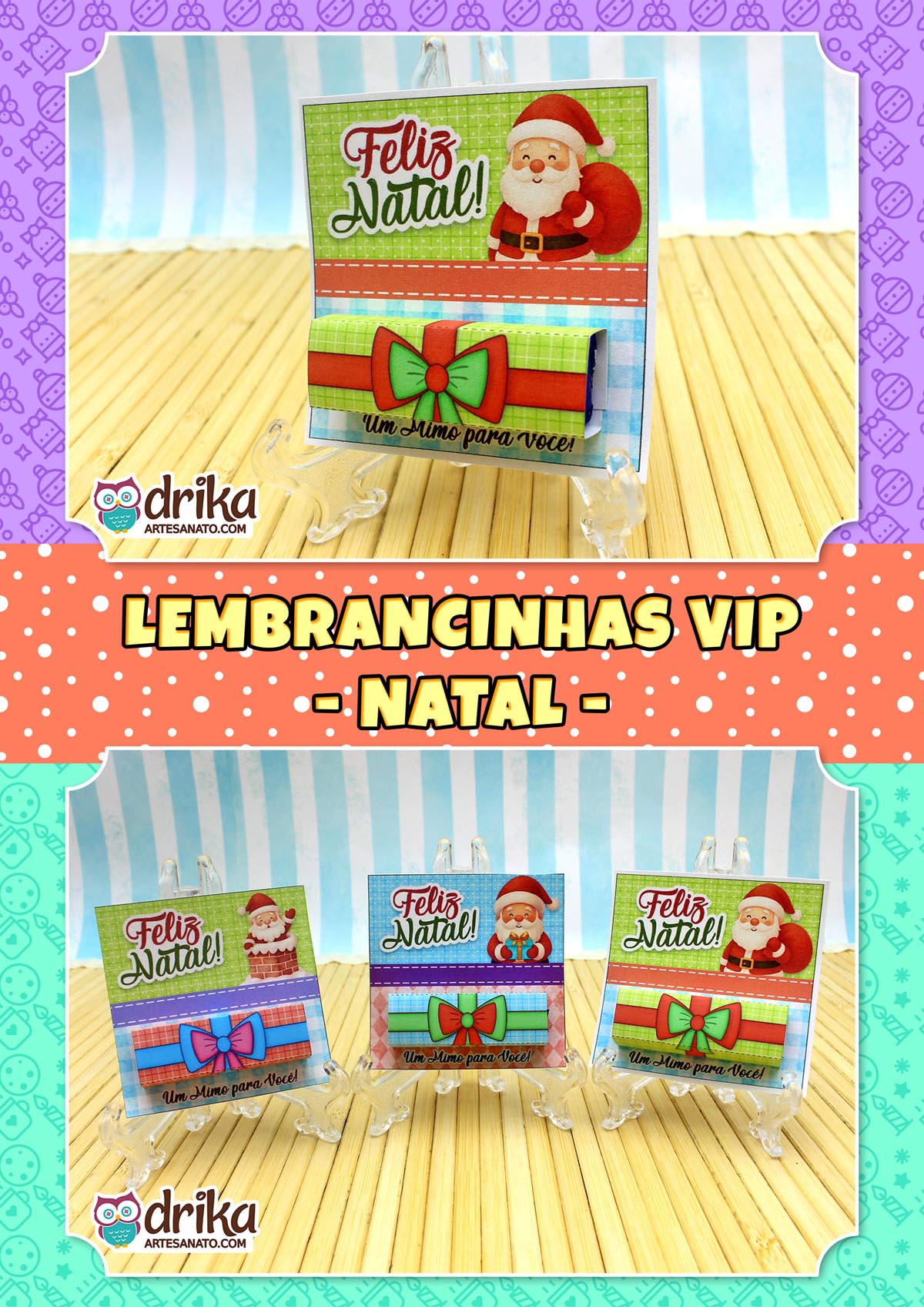 Duas imagens: acima, um porta-bis de Papai Noel; abaixo, três porta-bis de Papai Noel com laços coloridos