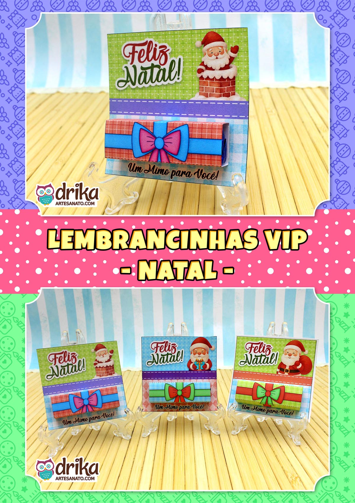 Cartão porta-bis de Papai Noel na chaminé, com bis rosa e azul, e três cartões iguais na parte inferior