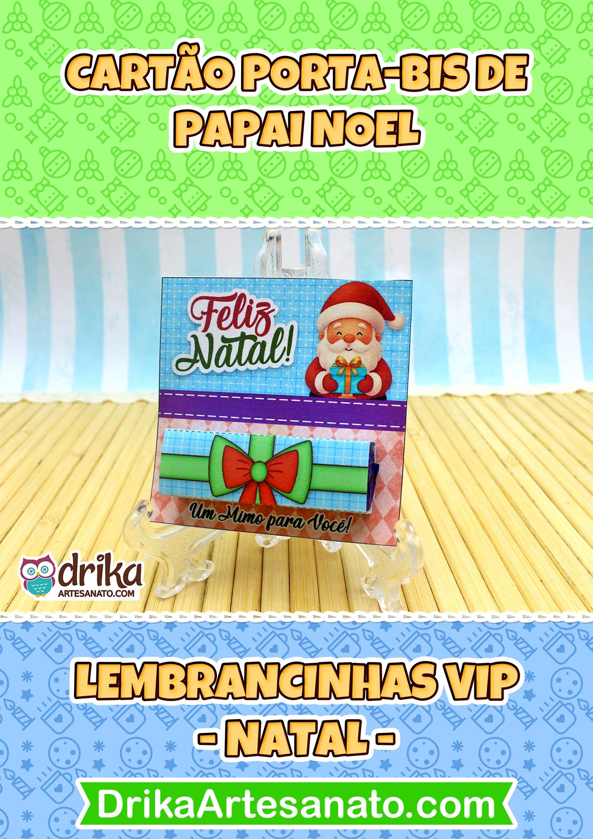 Cartão porta-bis de Papai Noel com gorro vermelho e presente, cinta azul com laço verde e vermelho, em suporte transparente