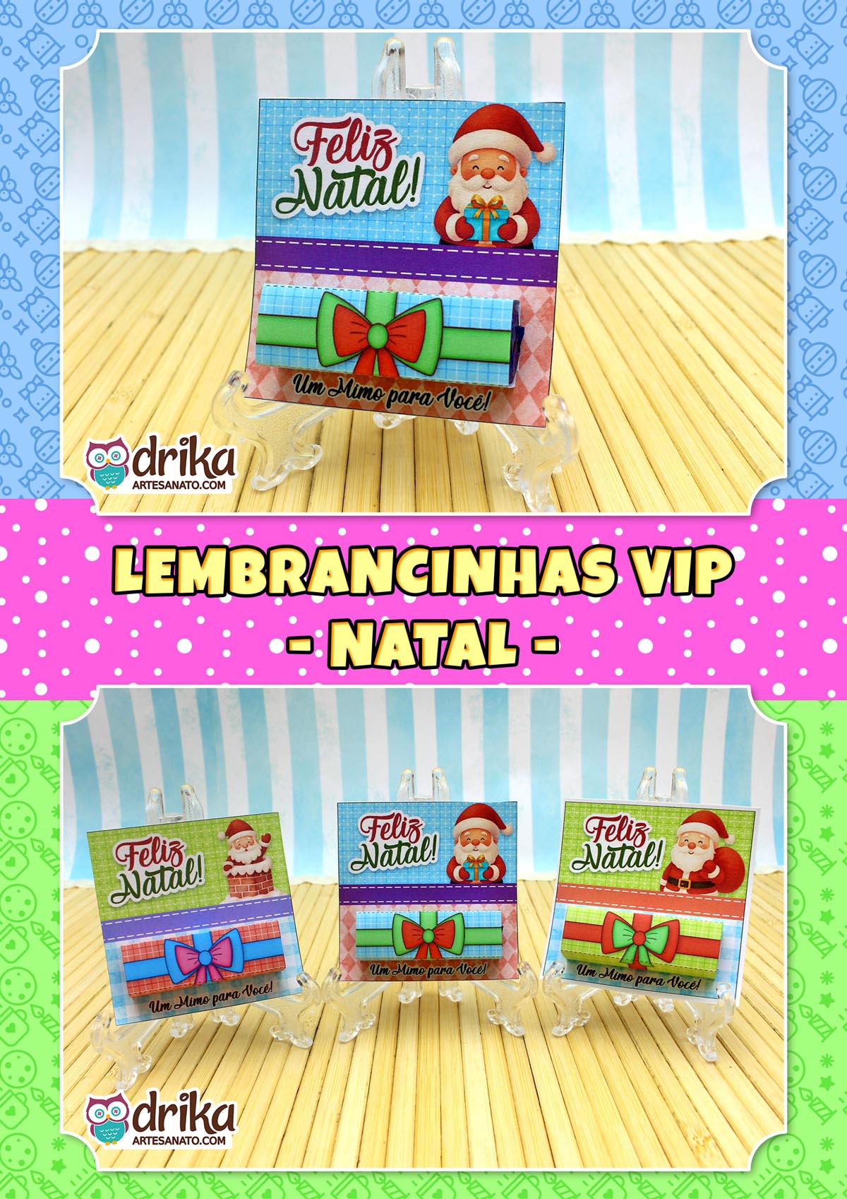 Duas seções: acima, um cartão porta-bis de Papai Noel; abaixo, três cartões porta-bis de Papai Noel alinhados