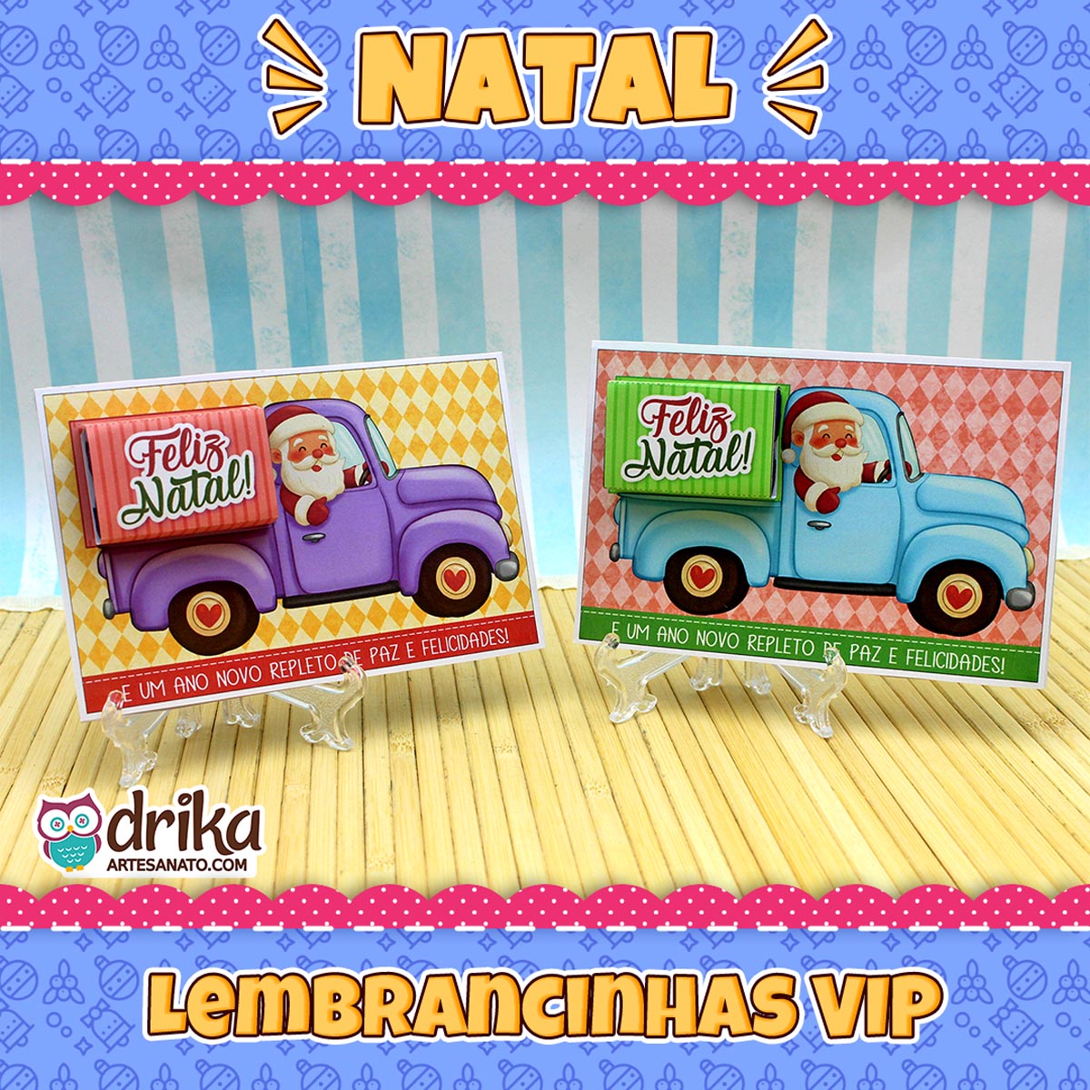 Dois cartões porta-bis de Papai Noel em caminhonetes, com destaque gráfico "NATAL" e "LEMBRANCINHAS VIP"