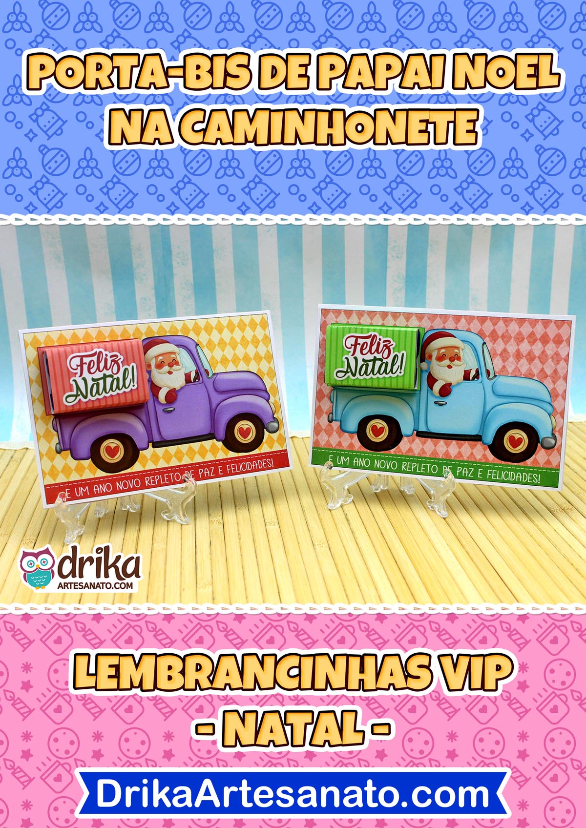 Montagem vertical com título "PORTA-BIS DE PAPAI NOEL NA CAMINHONETE" e os dois modelos de cartão