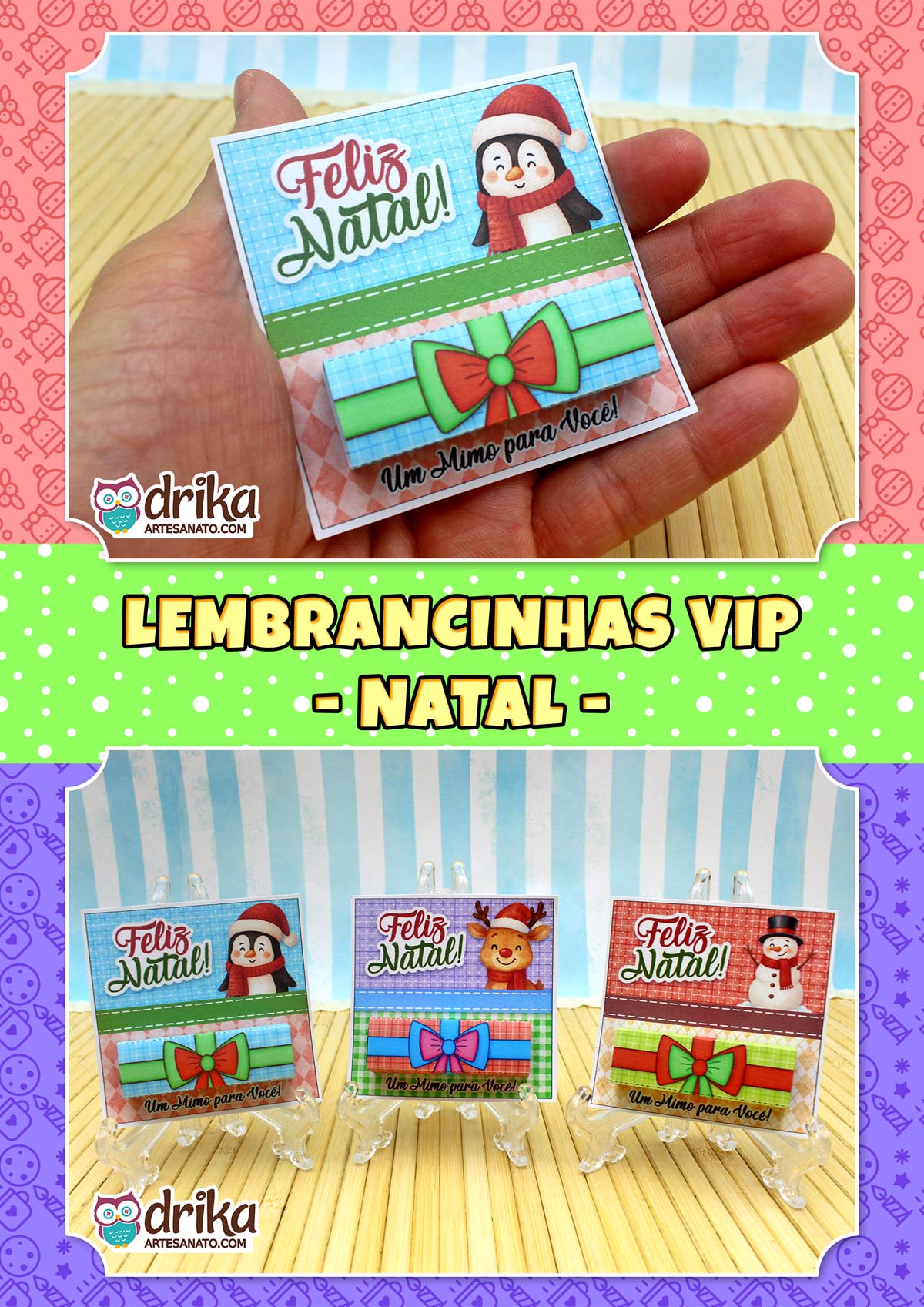 Mão segurando um porta-bis de pinguim, com outros três modelos (pinguim, rena, boneco de neve) abaixo