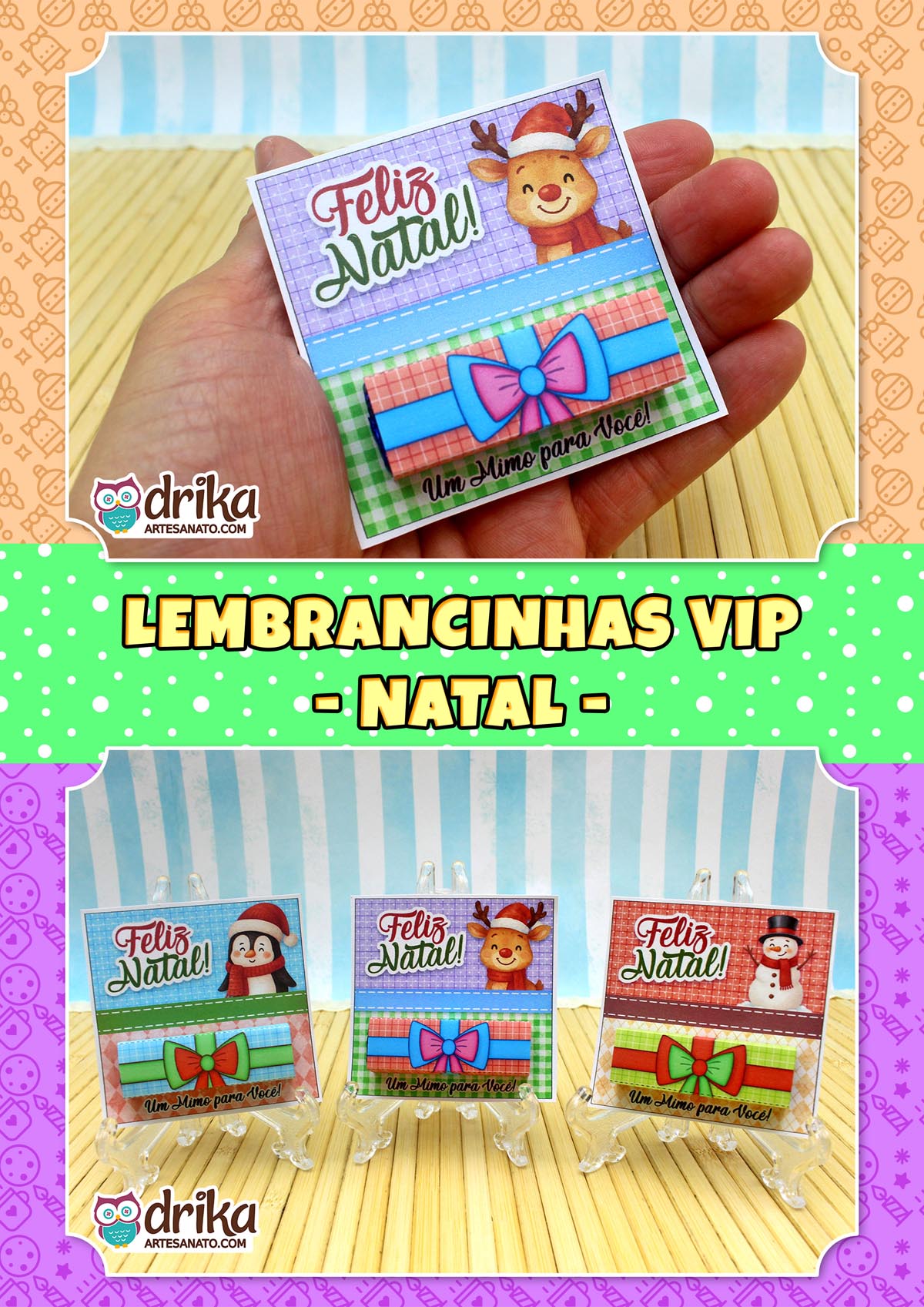 Mão segurando cartão porta-bis de rena, com banner "Lembrancinhas VIP - Natal" e outros modelos de porta-bis abaixo