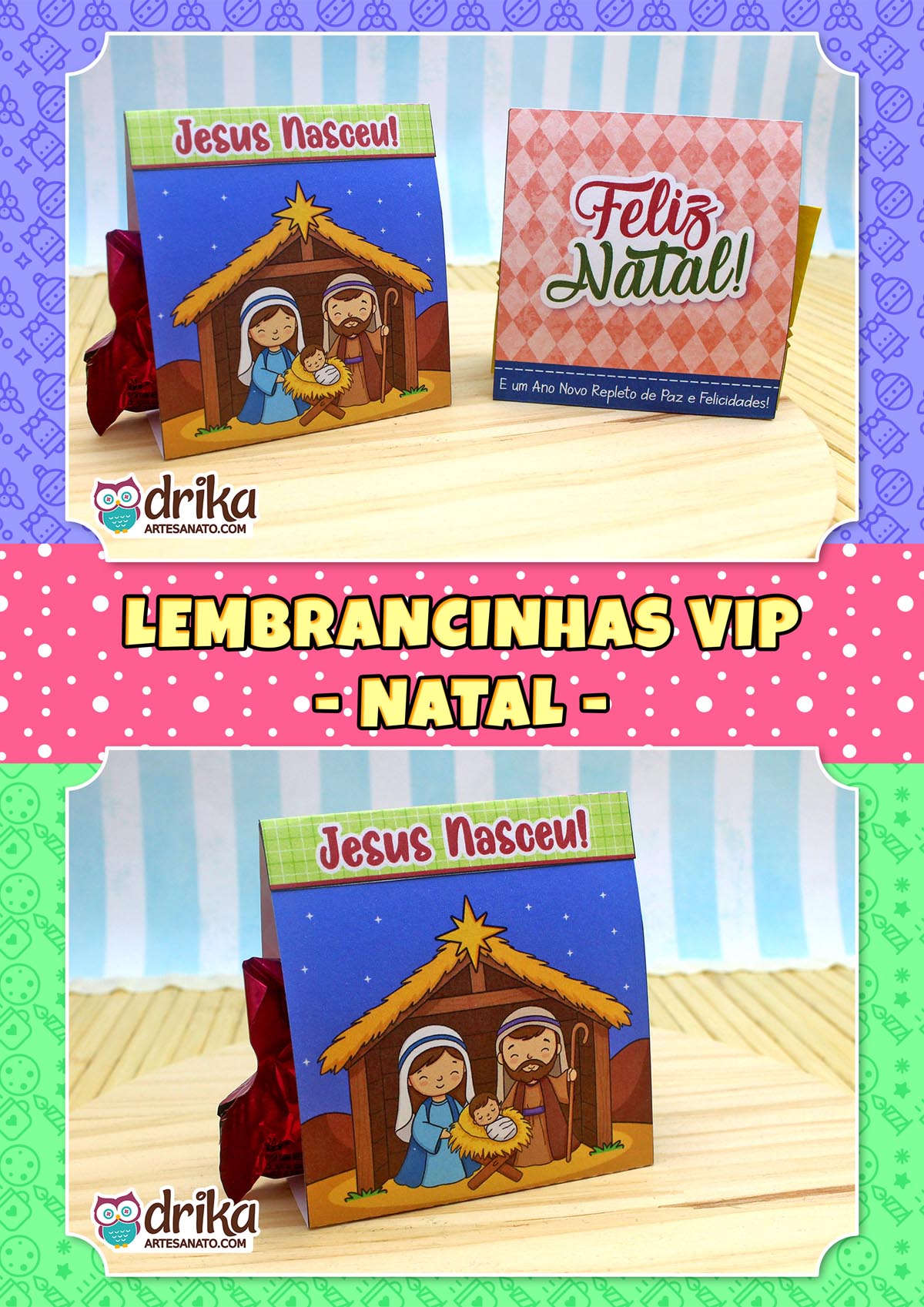Duas fotos de porta-bombons de Natal com a Sagrada Família e mensagem de Feliz Natal em fundo festivo.