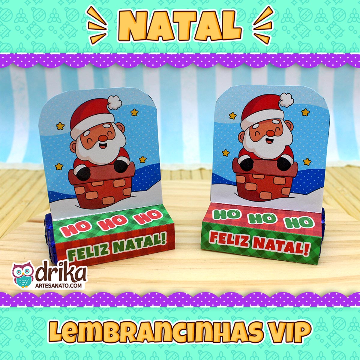 Dois porta-bis duplos de Papai Noel saindo da chaminé, com fundo azul de estrelas e base verde com 'HO HO HO FELIZ NATAL'