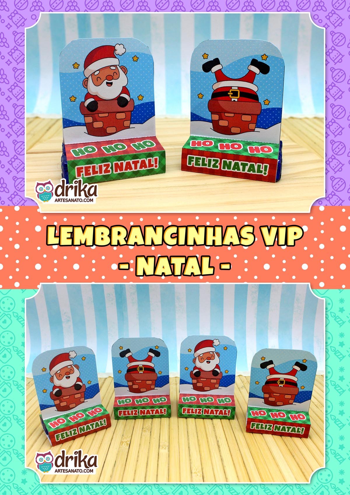 Quatro porta-bis duplos de Papai Noel, dois de frente e dois de costas, em fundo listrado azul e branco