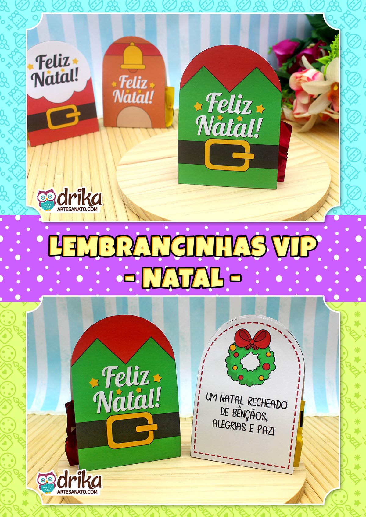 Três porta-bombons de Natal em papel: um vermelho de Papai Noel, um bege de sino e o principal verde de elfo, sobre base de madeira