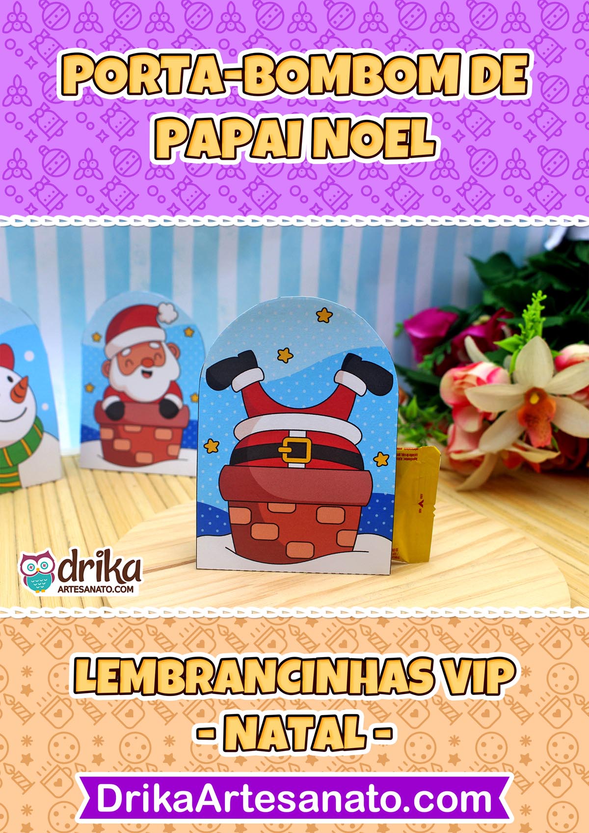 Porta-bombom de Papai Noel de pernas para o ar descendo pela chaminé de tijolos, com céu azul e estrelas