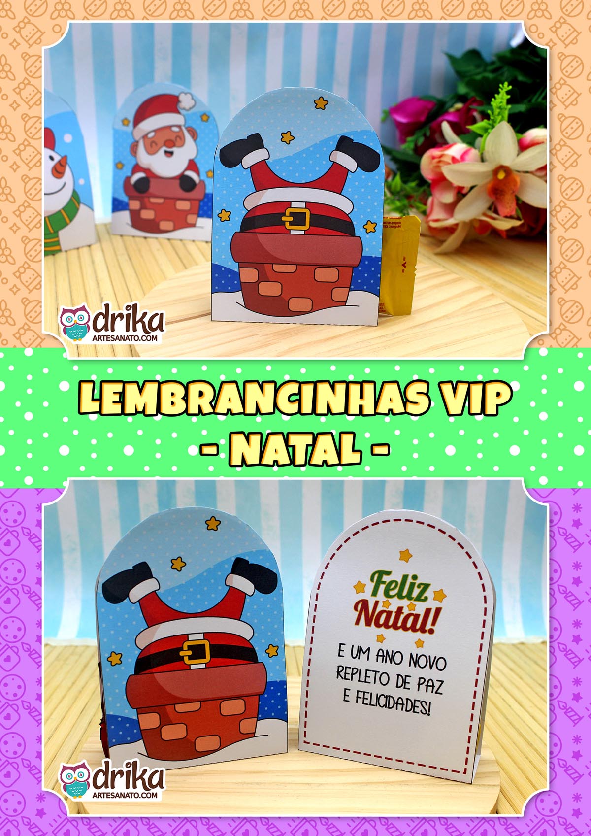 Porta-bombom de Papai Noel de pernas para o ar na chaminé, com verso de Feliz Natal e desejos, sobre madeira clara