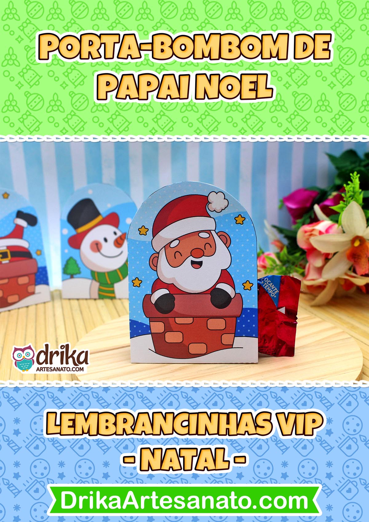 Porta-bombom de Papai Noel saindo da chaminé, com chocolate vermelho ao lado, em superfície de madeira