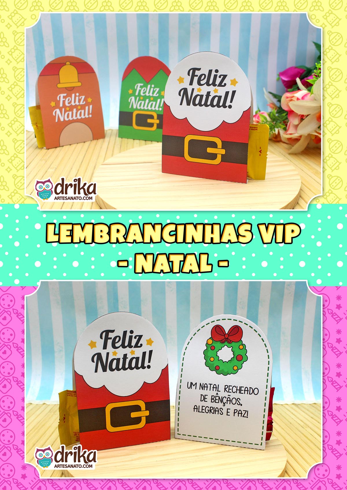 Três porta-bombons de Natal: um vermelho de Papai Noel, um verde de duende e um marrom de sino, todos com cinto e "Feliz Natal"